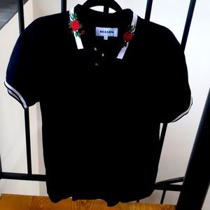 Men’s “Reason” Blk Polo Wht Trim & Rose design